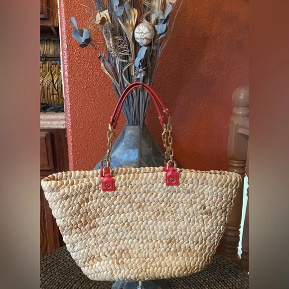 Tory Burch - EUC - Audrey Straw Woven Tote with Red Accents - Like New - Picture 5 of 13